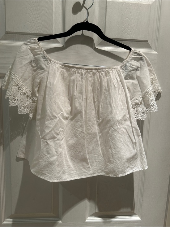 Express Tops - Express White Off-Shoulder Crochet Trim Crop Top